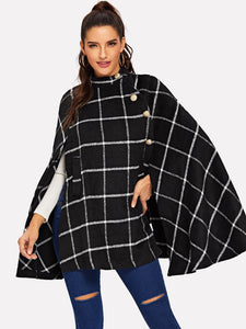 Button Front Plaid Print Cape Coat