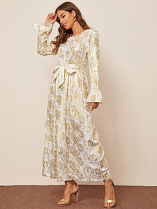 Bell Sleeve Tie Waist Jacquard Longline Dress