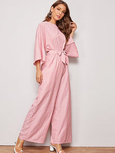 Striped Zip Back Belted Jumpsuit