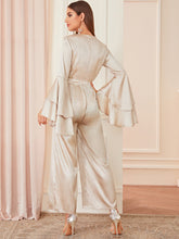 Load image into Gallery viewer, Satin Surplice Front Layered Flounce Sleeve Jumpsuit