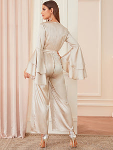 Satin Surplice Front Layered Flounce Sleeve Jumpsuit