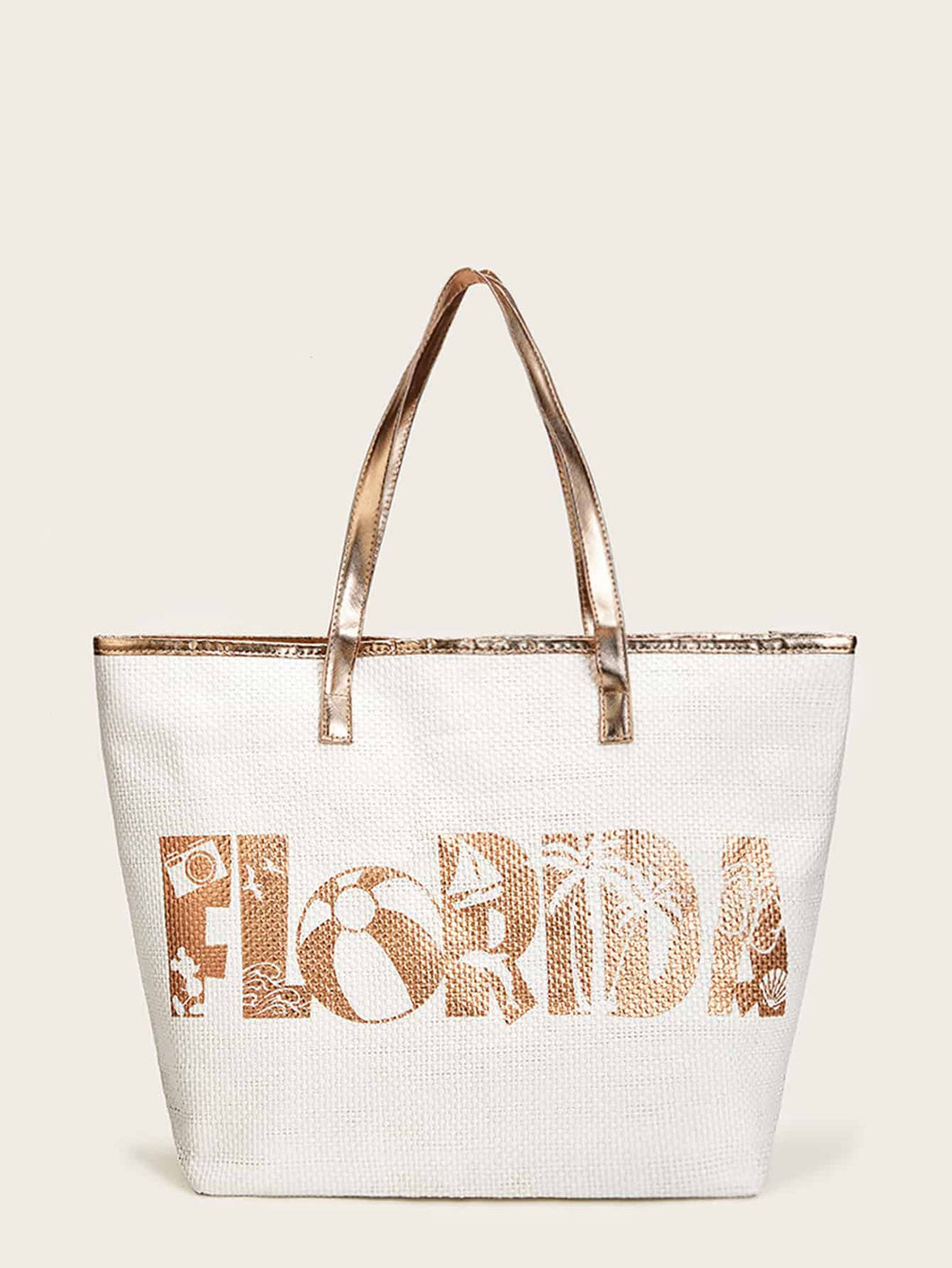 Metallic Handle Letter Print Tote Bag