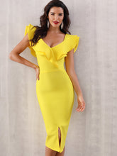 Load image into Gallery viewer, Adyce Zip Back Ruffle Trim Slit Hem Pencil Dress