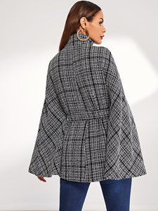 Double Breasted Front Tie Waist Tweed Cape Coat