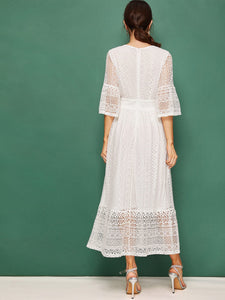 Bell Sleeve Button Detail Lace Dress