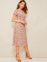 Load image into Gallery viewer, 70s Ditsy Floral Tie Neck Ruffle Trim Dress