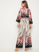 Load image into Gallery viewer, Botanical Print Surplice Neck Bell Sleeve Wide Leg Jumpsuit