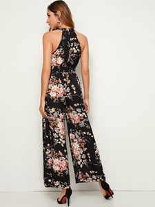 Botanical Print Wide Leg Halter Jumpsuit