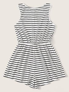 Button Half Placket Tie Front Striped Romper