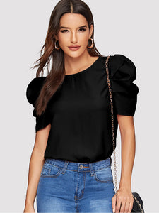 Button Keyhole Back Puff Sleeve Top