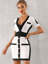 Load image into Gallery viewer, Adyce Button Detail Two Tone Bodycon Dress