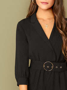 Notch Collar O-ring Belted Cuffed Hem Blazer Romper