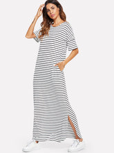 Load image into Gallery viewer, Side Slit Striped Maxi Tee Dress