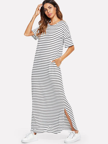 Side Slit Striped Maxi Tee Dress