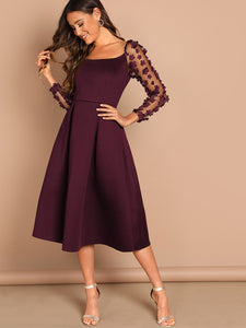 Applique & Mesh Sleeve Flared Dress