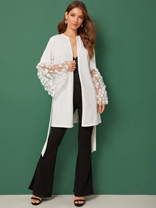 Flower Applique Embroidered Bell Sleeve Belted Coat