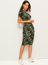 Load image into Gallery viewer, Asymmetrical Shoulder Letter Tape Camo Dress