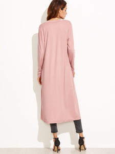 Pink Collarless Longline Duster Coat