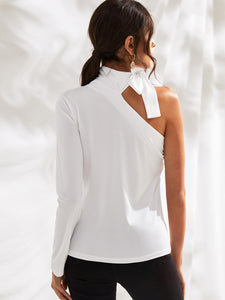 Tie Neck One Shoulder Solid Tee