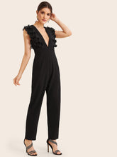 Load image into Gallery viewer, Deep V Neck Layered Pleated Ruffle Trim Jumpsuit