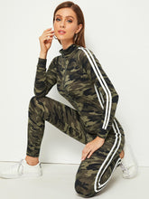 Load image into Gallery viewer, Camo Print Striped Tape Raglan Sleeve Unitard Jumpsuit