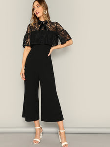 Bow Detail Lace Insert Palazzo Jumpsuit