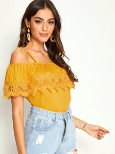 Cold Shoulder Guipure Lace Trim Top