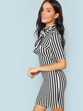 Load image into Gallery viewer, Bow Tie Neck Vertical Striped Bodycon Dress