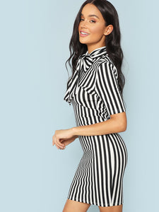 Bow Tie Neck Vertical Striped Bodycon Dress