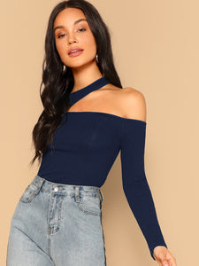 Asymmetric Cutout Neck Ribbed T-shirt