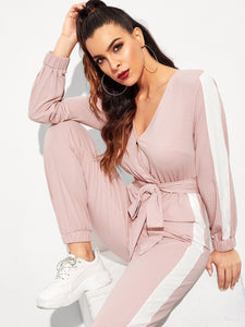 Surplice Neck Self Belted Colorblock Jumpsuit