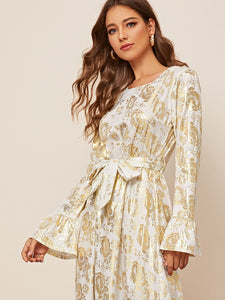 Bell Sleeve Tie Waist Jacquard Longline Dress