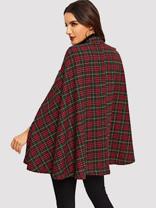 Button Front Plaid Print Cape Coat