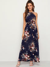 Load image into Gallery viewer, Floral Print Tie Back Belted Maxi Dress