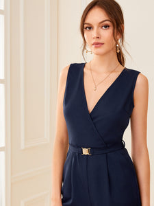 Surplice Neck Buckle Belted Slant Pocket Jumpsuit