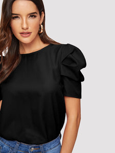 Button Keyhole Back Puff Sleeve Top