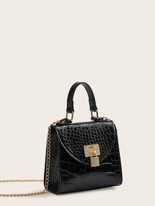 Metal Lock Decor Croc Embossed Satchel Bag