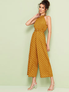 Polka Dot Belted Wide Leg Halter Jumpsuit