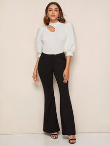 Cutout Detail Puff Sleeve Solid Top