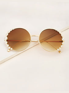 Faux Pearl Decor Round Frame Sunglasses