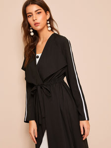 Waterfall Collar Drawstring Waist Longline Coat