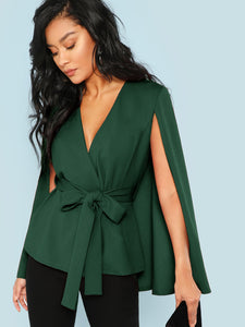 Surplice Neck Tie Waist Cape Coat