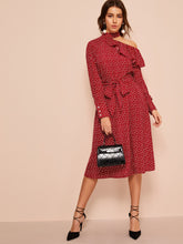 Load image into Gallery viewer, Asymmetrical Neck Ruffle Trim Polka Dot Belted Dress