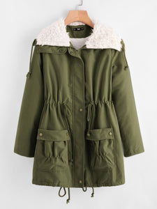 Fleece Lined Pocket Front Drawstring Parka Coat