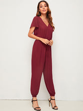 Load image into Gallery viewer, Solid Surplice Neck Drawstring Waist Jumpsuit