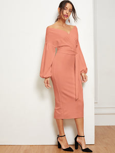 Blouson Sleeve Slit Hem Surplice Bardot Dress