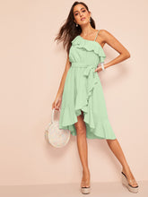 Load image into Gallery viewer, Asymmetric Shoulder Flounce Surplice Dress With Belt