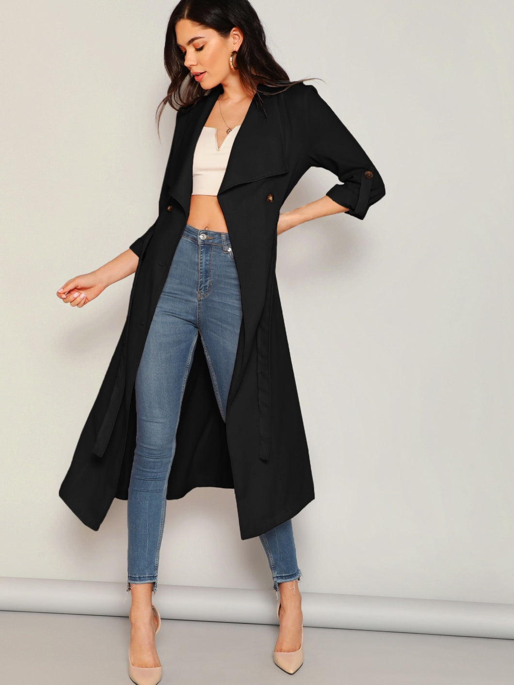 Waist Belted Double Breasted Waterfall Coat