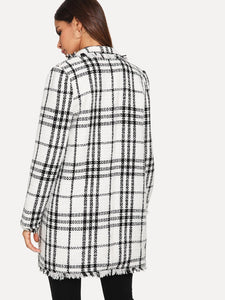 Notch Collar Frayed Edge Plaid Longline Tweed Coat