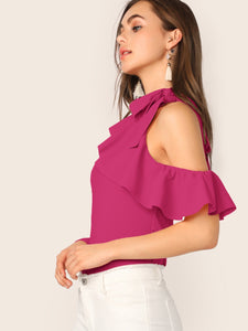 Tie Neck Cold Shoulder Ruffle Trim Top